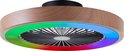Ventilator met houten rand en veelkleurige RGB-verlichting.