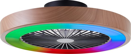 Ventilator met houten rand en veelkleurige RGB-verlichting.