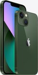 Groene iPhone 13 met dubbele camera en Apple logo, getoond naast een andere groene iPhone met paars-groen scherm.