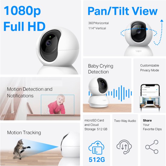 TP-Link Tapo C200P2 - Beveiligingscamera voor Binnen - 1080P Pan / Tilt Home Security Wi-Fi - Wit van TP-Link — afbeelding 5