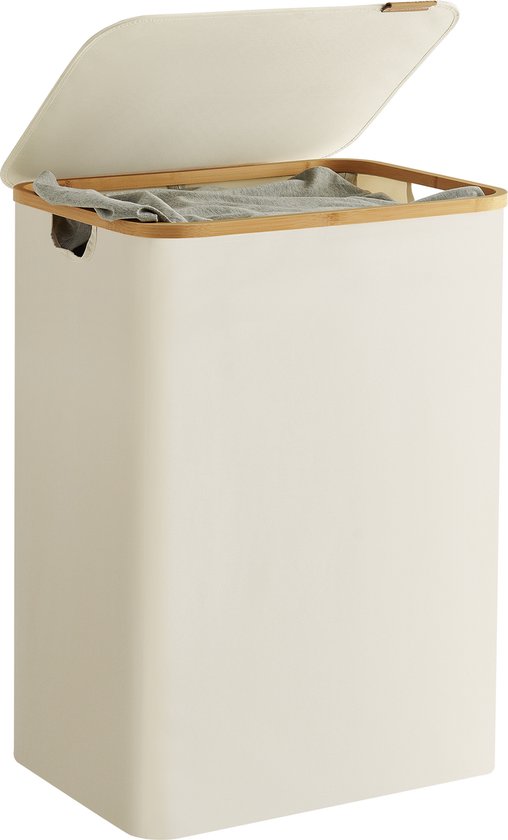 ACAZA Wasmand Met Deksel - 2 Vakken - 130 L - Bamboe - 52 x 38,5 x 70,5 cm - Beige