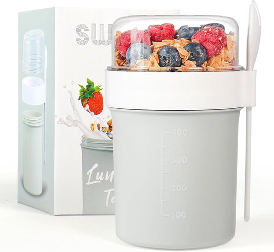 Bugucat Mueslibeker to go, set van 2, praktische yoghurtbeker to go, 760 ml 230 ml, muesli to-go-beker met lepel, lekvrije mueslibeker, mueslibeker to go, groen roze