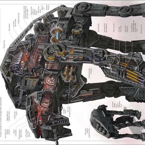 Dwarsdoorsnede van een grote, grijze AT-AT, toont de interne mechanische structuur, benen en wapens.