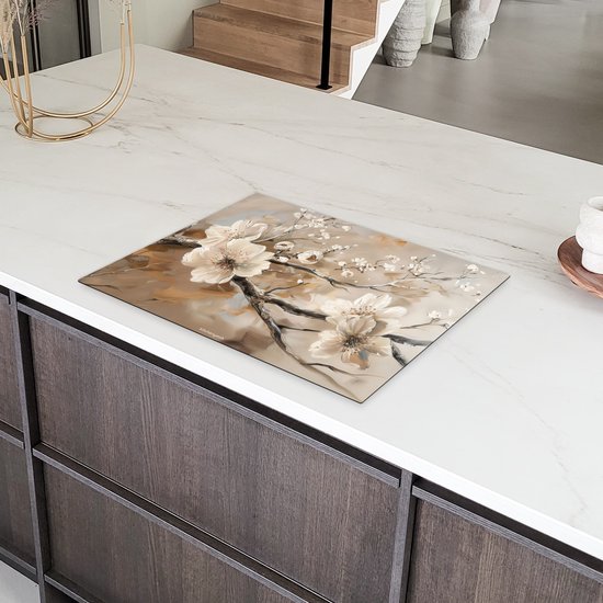 KitchenYeah® Protection plaque induction 71x52.5 cm - Fleurs - Abstrait - Peint - Beige - Protege plaque de cuisson - Couvre plaque induction - Protecteur d'induction - Cuisine