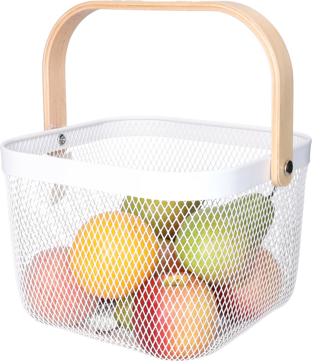 Opbergmand - met handgreep - wit - metaal - 17 x 24 x 24 cm - draadmand
