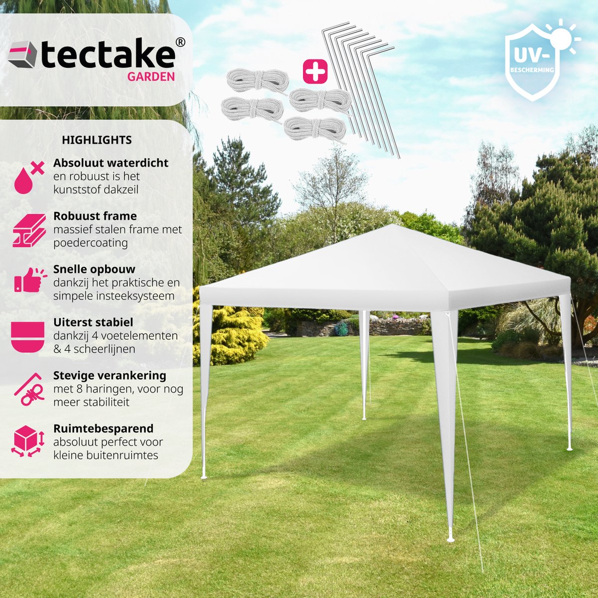 tectake® - Paviljoen 3x3 m - Tuintent met waterbestendig PE-zeildoek met UV- bescherming, partytent voor tuinterras evenement camping festivalmarkt - Incl. scheerlijnen haringen - groen