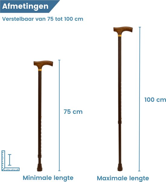 Verstelbare bruine wandelstok van minimale lengte 75 cm tot maximale lengte 100 cm.
