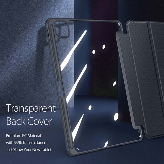 Dux Ducis Tri-Fold hoes in zwart, met een transparante achterkant van pc-materiaal met 99% doorlaatbaarheid.