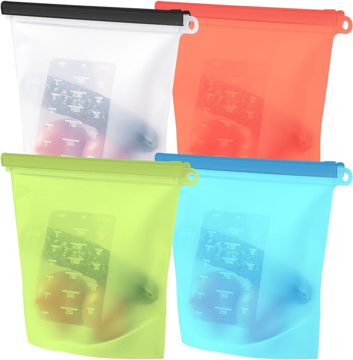 Goedkoopste 4 x voedselzakken van siliconen met 1 liter inhoud in meerdere kleuren, 24 x 19 x 3 cm, herbruikbaar, met ritssluiting, vaatwasmachinebestendig, houdt je levensmiddelen langer vers