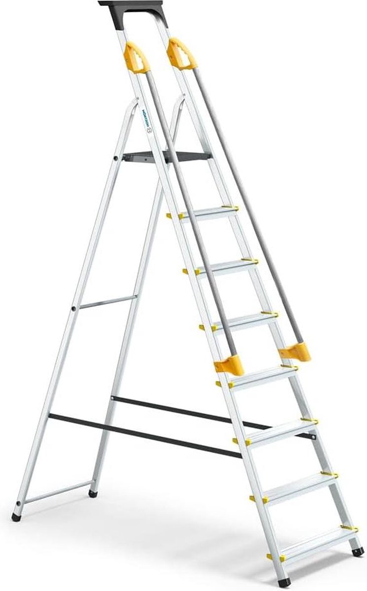 Trapladder met 8 treden beveiligd hellingen gereedschapshouder inklapbaar aluminium platformhoogte 162 cm Trapladder