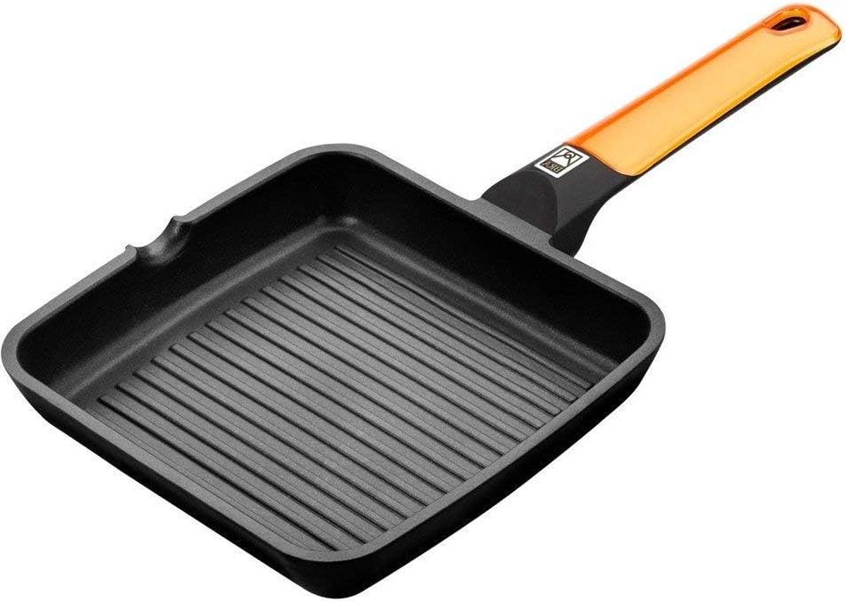 Efficiënte vierkante aluminium grill met ribbels en handvat - 28 cm Oranje Gegoten