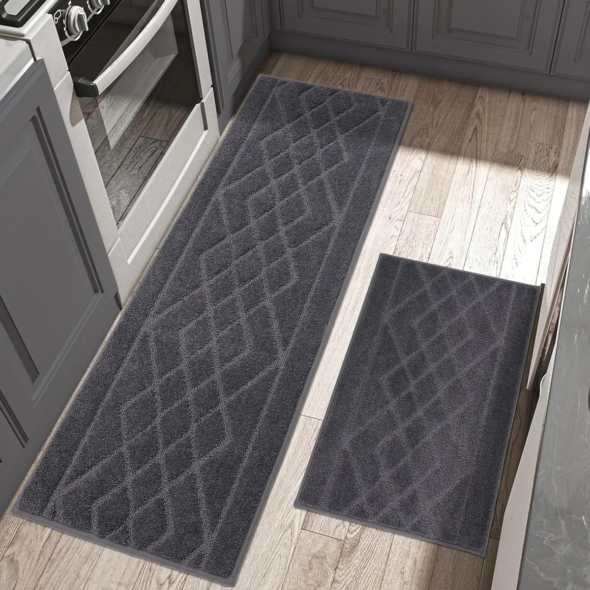 BEQHAUSE Keukentapijten, wasbare keukenmatten, antislip keukenmatten absorberende keukenloper met TPR antislip achterkant, set van 2 (60 x 89 cm 60 x 152 cm, grijs