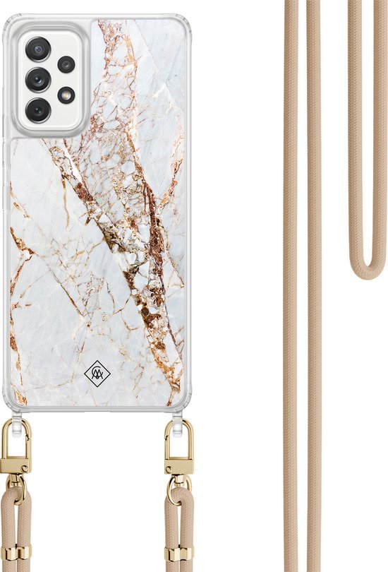 Coque de téléphone avec imprimé marbre or et blanc, avec cordon beige.