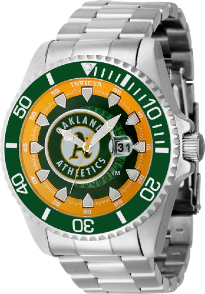 Invicta MLB - Oakland Athletics 43473 Heren Horloge - Waterdicht - Analoog - Quartz Uurwerk - Roestvrij Staal met Gele Wijzer