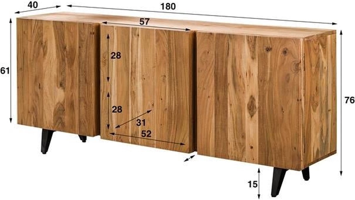 Dimehouse Dressoir Maddi 3-deurs Acaciahout 180x40x76 cm Naturel