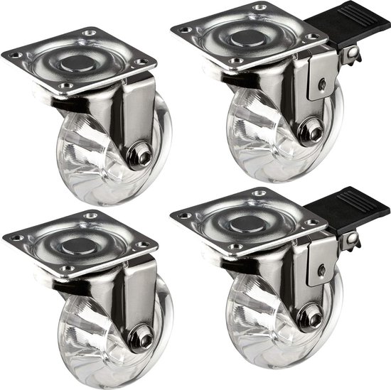 75 mm, set van 4 zwenkwielen met rem, wielen voor meubels tot 136 kg per wiel, zware belasting, rubber voor binnen en buiten, industriële wielen