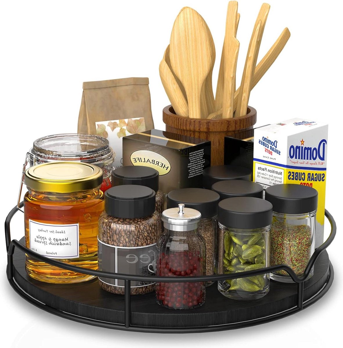 Draaiplateau organizer met antislipmat voor kast- Lazy Susan eetkamer keuken werkblad koelkast kantoor grenenhout 229 cm zwart