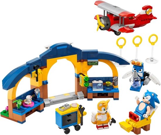 Bouwset met Tails' werkplaats in blauw en geel, rood Tornado-vliegtuig, Sonic, Tails en een Buzz Bomber.