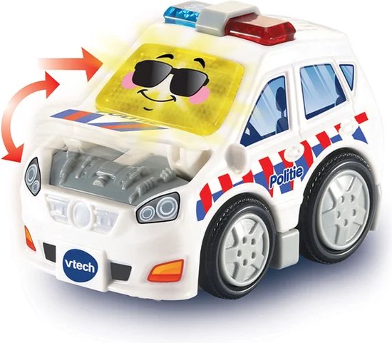 Wit politieauto speelgoed met open motorkap en zwaailichten.