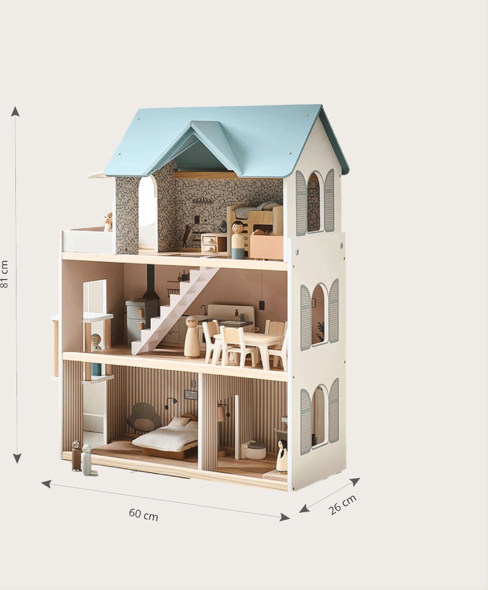 Petite Amélie Houten Poppenhuis Wit en Pastelblauw - H.81 cm - Incl. 14-delige Meubelset - Drie verdiepingen met illustraties - Toegang via trappen en magische lift — afbeelding 7