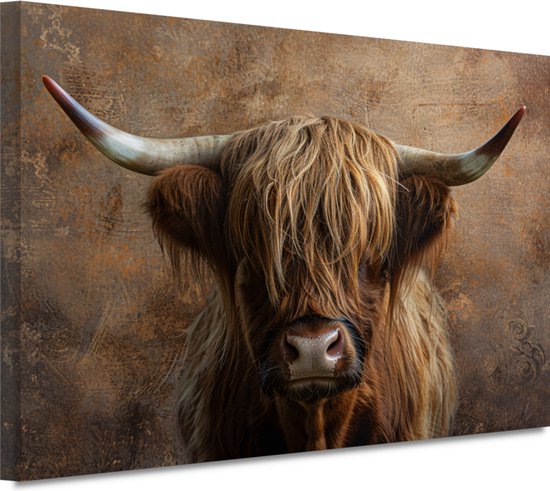 Close-up schilderij van een Schotse hooglander met een volle bruine vacht en grote hoorns.