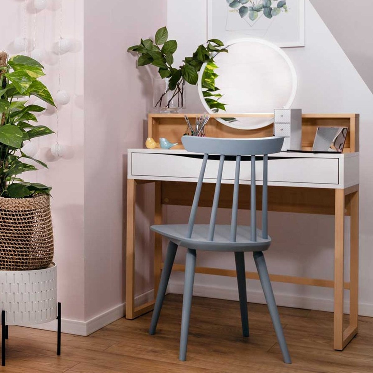Make-uptafel Vayen 85cm 1 Lade - Lichte Eikdecor/ Wit - Emob - Make-up Tafel - Wit; Bruin - Spaanplaat