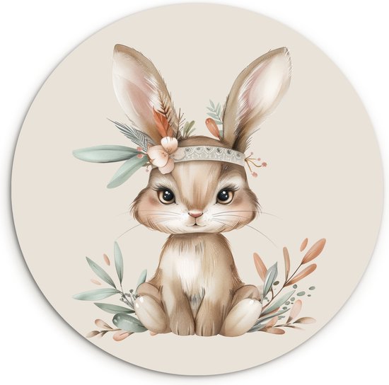 WallCircle® Wandcirkel 60x60 cm - Muurcirkel Haas - Konijn - Dieren - Bohemian Kinderkamer - Dierenkamer - Babykamer - Muurdecoratie woonkamer - Wanddecoratie cirkel slaapkamer - Kamer decoratie accessoires - Ronde schilderijen binnen
