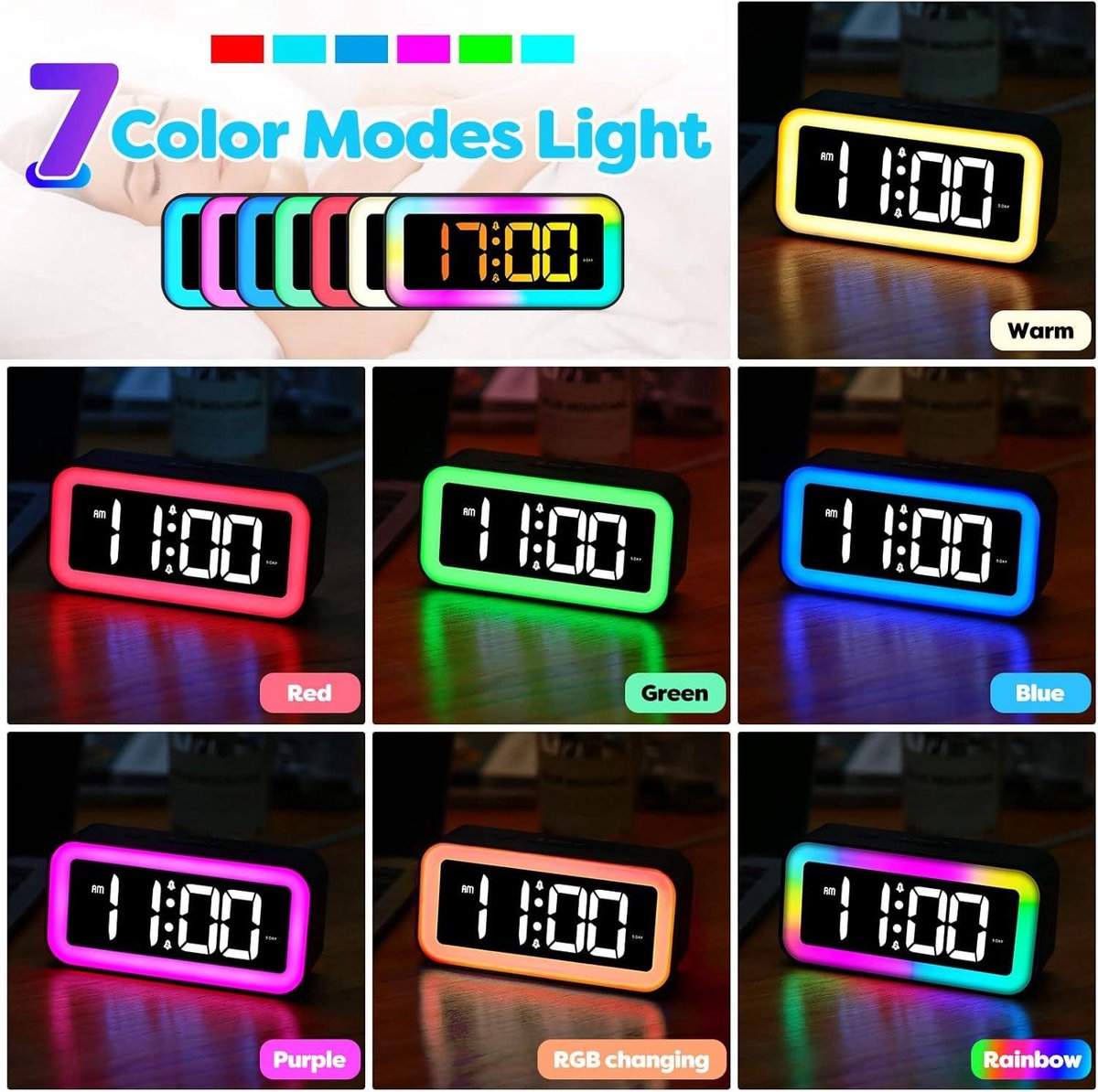 Seutgjie Digitale Kinderwekker, LED-display Wekker RGB-Verlichting