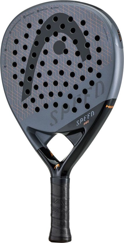 Grijze padelracket met zwarte details, 'HEAD SPEED PRO' tekst en een grafisch patroon.