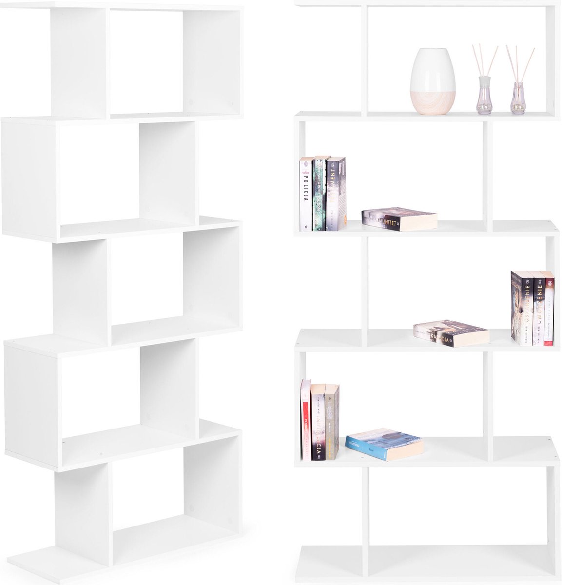 Viking Choice Witte design boekenkast - 5 planken - Geruit patroon - 175 x 28 x 77 cm