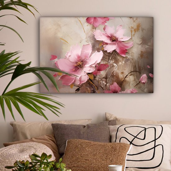 Canvas schilderij met dikke roze bloemblaadjes en gouden details op een abstracte achtergrond.