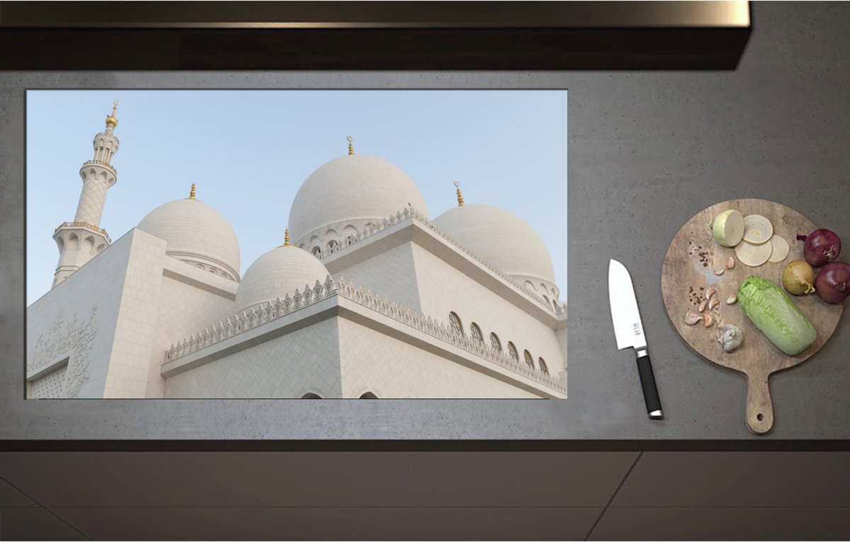 Inductieplaat Beschermer - Bovenkant van Witte Sjeik Zayed Moskee, Abu Dhabi, Verenigde Arabische Emiraten - 95x55 cm - 2 mm Dik - Inductie Beschermer - Bescherming Inductiekookplaat - Kookplaat Beschermer van Zwart Vinyl