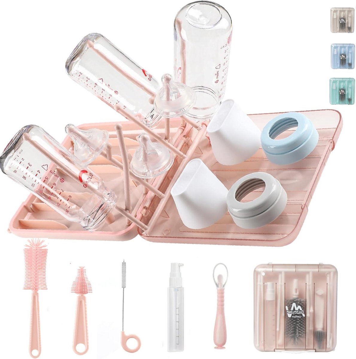 Image of 7-in-1 reinigingsset flessenborstel zuigborstel stroborstel zeepdispenser lepel droogrek babyflessen opbergdoos reisbenodigdheden - Roze