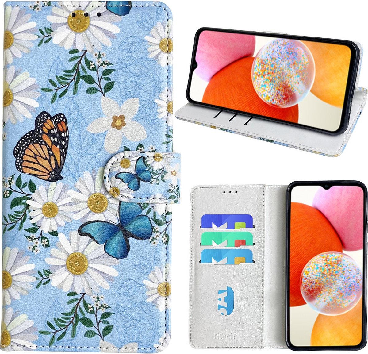 Hoesje geschikt voor Samsung Galaxy A14 Bookcase met Bloemen vlinder print