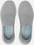 Bovenaanzicht van grijze Skechers Slip-ins Ultra Flex 3.0 instappers met blauwe binnenzolen waarop 'Slip-ins' staat.