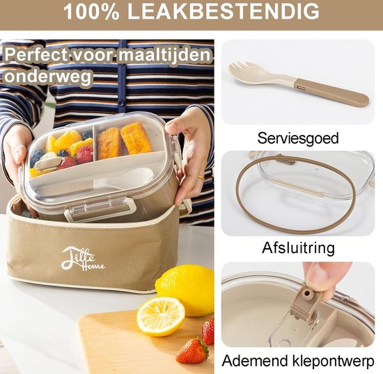 1,2L Roestvrijstalen Lunchbox Met 2 Vakken – Thermisch, Lekvrij & Verwarming Op Waterbasis, Voor Werk Of School