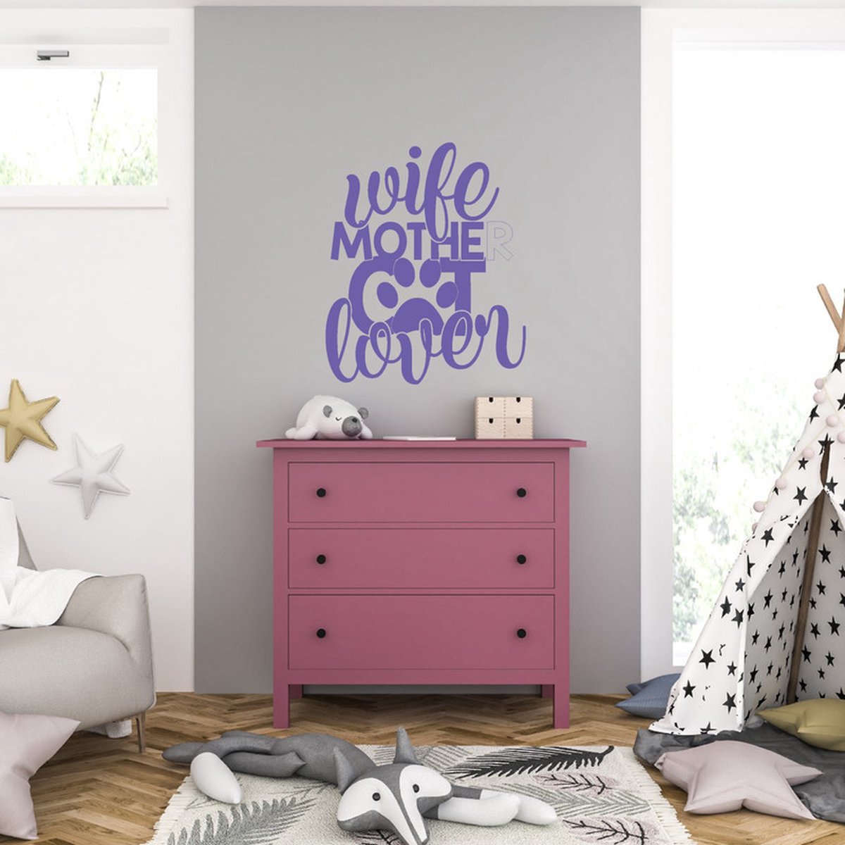 MC Living Muursticker - Wife Mother Cat Lover - 46,4 x 56 - Paars
