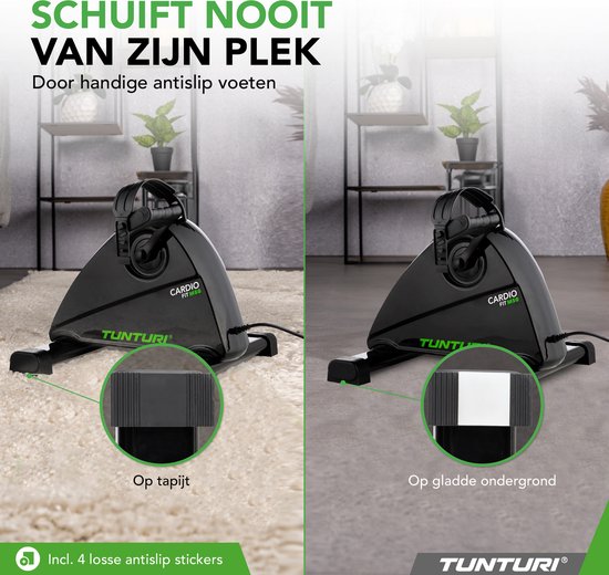 Tunturi Cardio Fit M50 minitrainer op tapijt en gladde ondergrond, met antislip voeten.