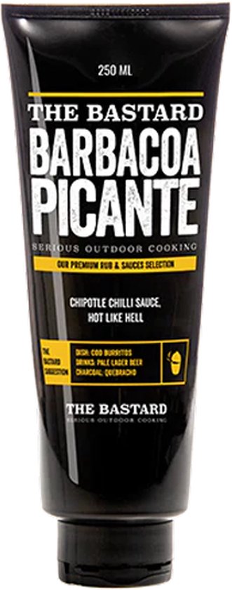 The Bastard Barbacoa Picante saus in zwarte knijptube, 250ml.