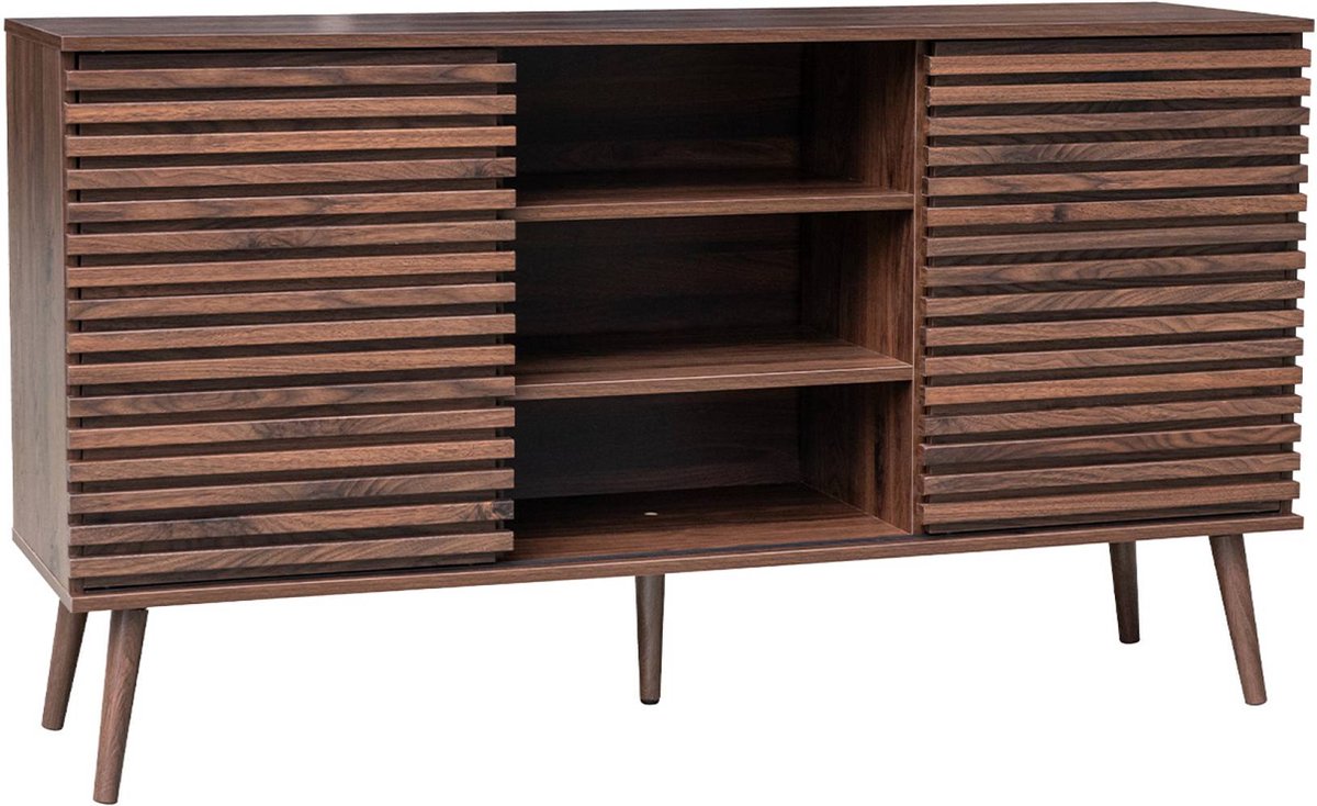 sweeek - Dressoir 2 schuifdeuren en planken gegroefde houtlook 140cm - madere