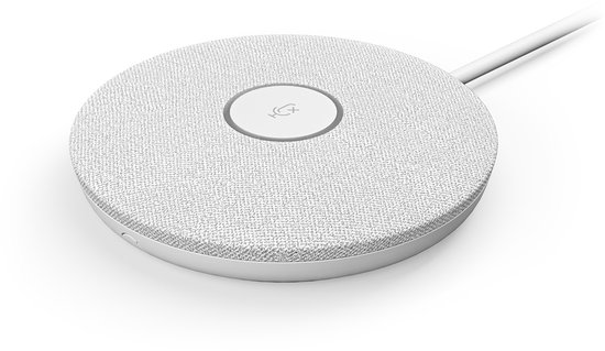 Microphone Logitech ronde blanche avec revêtement en tissu et un bouton avec icône de microphone.