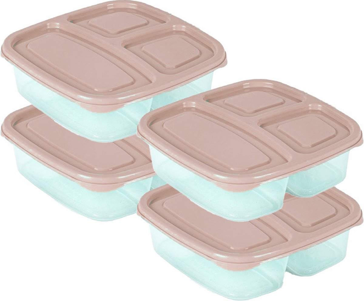 Plasticforte Vershoudbakje - 4x - 3-vaks - 1,2L - meal prep - herbruikbaar - taupe - vaatwasser bestendig - magnetron bakjes