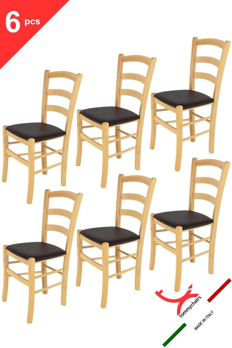 Tommychairs Venice - Eetkamerstoelen - Set van 6 - Naturel & Moka - Stof & Hout