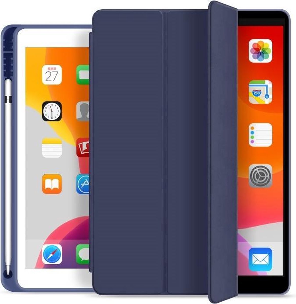 Tablet hoes geschikt voor iPad 10.2 2019 / 2020 / 2021 - Tri-Fold Book Case - Smart Folio cover met Pencil houder - Blauw