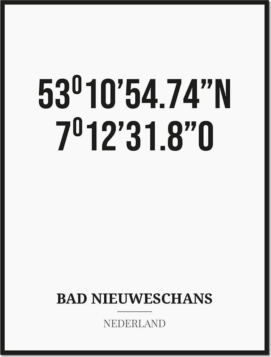 Studio216 Poster/kaart BAD NIEUWESCHANS met coördinaten zwart, wit