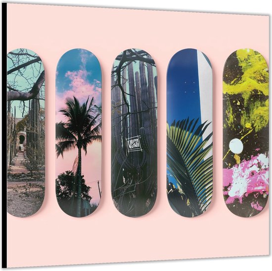 Dibond –Skateboarden met Verschillende Printjes -80x80 Foto op Aluminium (Met ophang