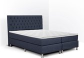 Boxspring Bonita compleet, merk Olympic Life, 180 x 210 cm, blauw, 18-delig met gecapitonneerd knopen motief hoofdbord