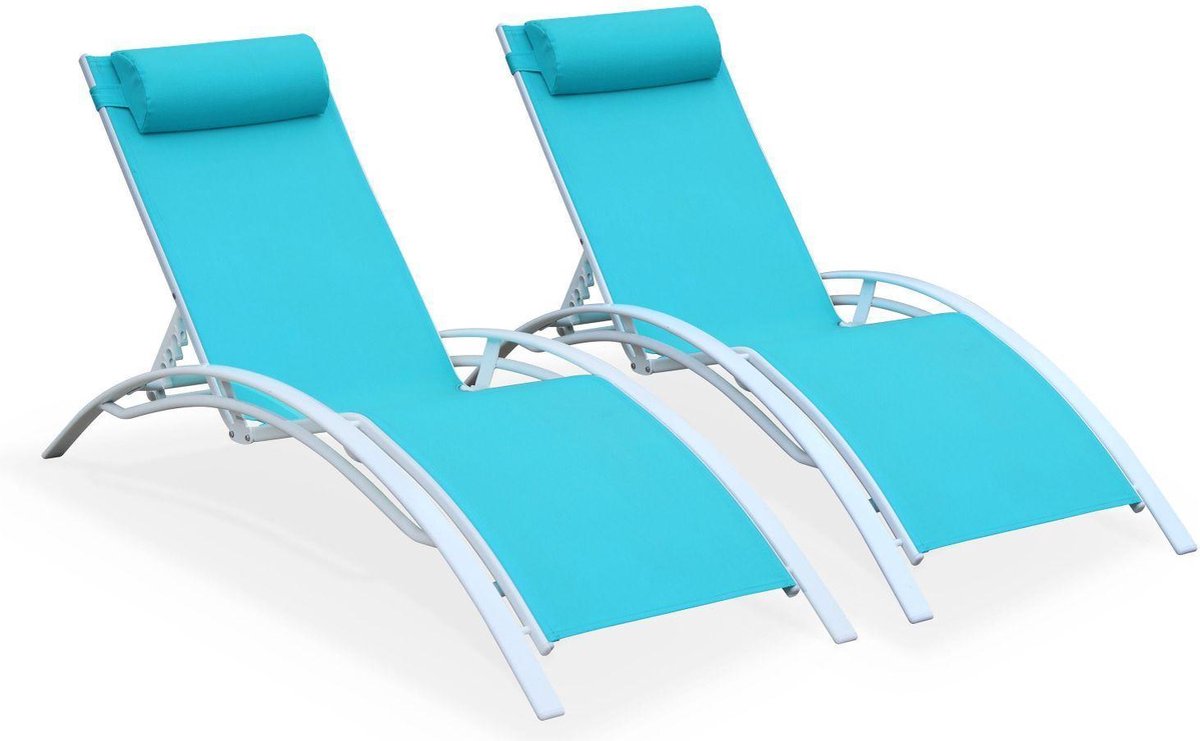 Set van 2 Louisa ligstoelen van aluminium en textileen, kleur wit/turquoise