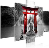 Schilderijen Op Canvas - Schilderij - Buddha Smile (5 Parts) Wide Red 100x50 - Artgeist Schilderij