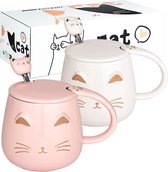 2 Pack Leuke Kat Mokken Kat Koffiemok Set met Deksels en Mooie Kitty Lepel Nieuwigheid Mok Set voor Kattenliefhebbers Meisjes Vrouwen Kerst Verjaardagscadeau 450ML Wit en Roze